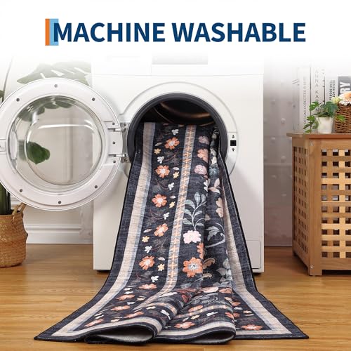 GarveeHome Area Rugs 9x12 Living Room Floral Machine Washable Black - color: Black, size: 9' x 12' (Rectangular)