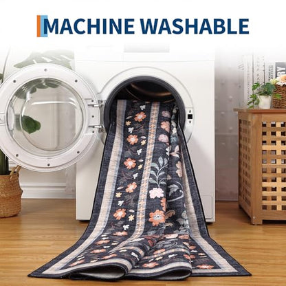 GarveeHome Area Rugs 9x12 Living Room Floral Machine Washable Black - color: Black, size: 9' x 12' (Rectangular)