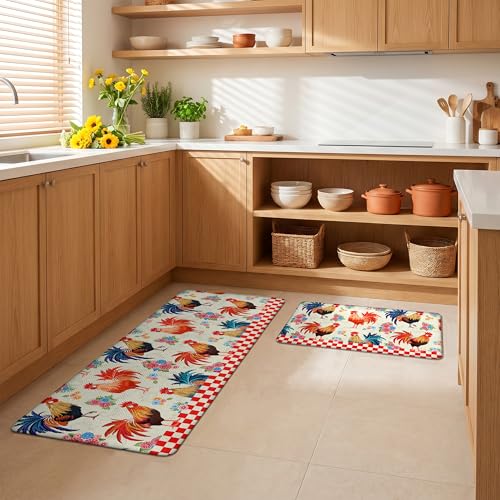 Kitchen Rugs for Floor 2 Pcs Memory Foam Padded Anti Fatigue Kitchen Mat - color: Rooster-2