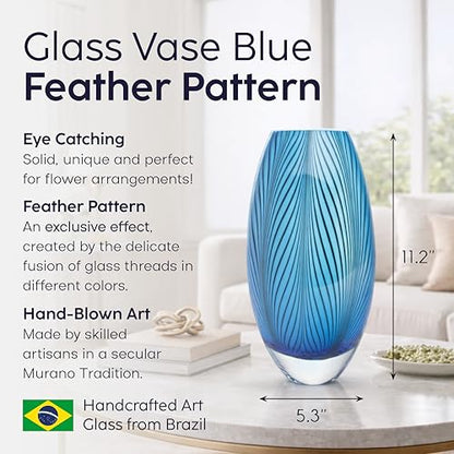 Murano Style Glass Vase Hand Blown Blue Feather Pattern Effect Home Decor - color: Blue