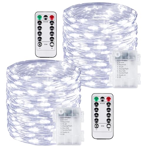 2 Pack 200 LED Fairy Lights Battery Operated with Remote, 66 FT Cool White - color: Cool White, size: 2PK（200LED with Remote）