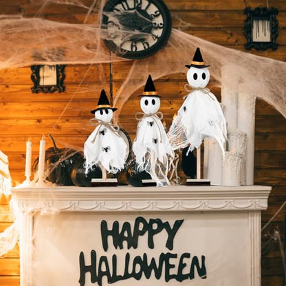 Tellegloww 3 Pcs Halloween Ghost Centerpieces Wooden Stand with Witch Hat