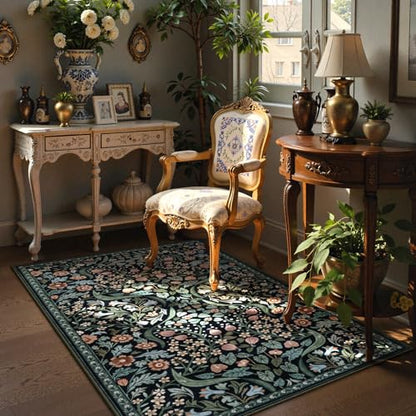 Lahome Dark Floral Rug, 3x5 Soft Moody Botanical Entryway Rug - color: Black, size: 3' x 5'