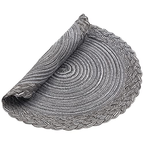 SHACOS Round Placemats Set of 6 Woven Round Table Mats 15 inch Braided Border Washable Cotton Polyester Circle Place Mats, Gray - color: Gray, size: 6 pieces