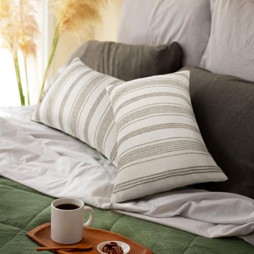 AELS 12x20 Decorative Farmhouse Linen Lumbar Pillow Covers, Beige with Brown Chenille Striped Pillow Case, Set of 2, Boho Textured Cushion Cover for Sofa Couch Living Room (Cover ONLY) - color: Beige With Brown, size: 20" x 12" (Pack of 2)
