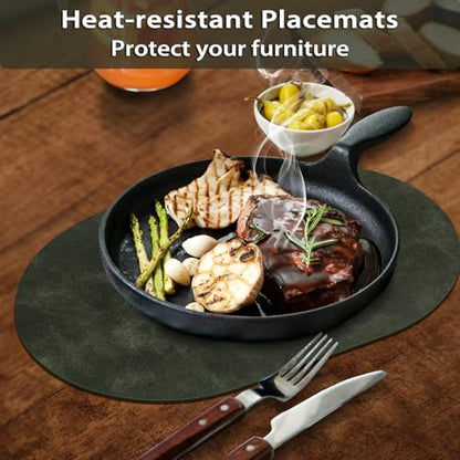 ADRIMER Oval Placemats Set of 6, Wipeable Faux Leather, Olive Green - color: Olive Green