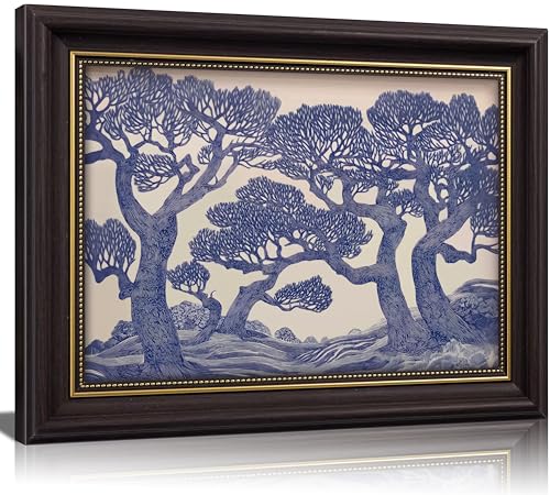 Vintage Gold Framed Wall Art Oak Tree Forest Painting Canvas Prints Blue Woodland Nature Landscape Picture Moody Botanical Poster Artwork for Living Room Bedroom, 12x16in - color: Blue Oak Tree, size: 16"L x 12"W