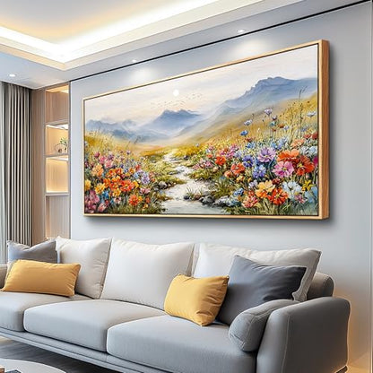 Nature Landscape Wall Art for Bedroom, Sunset Wildflowers Pictures 20X40 In - color: Flower Watercolour Painting Wood Framed, size: 40"L x 20"W
