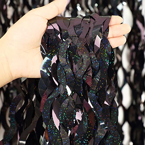 Black Foil Curtain Backdrop, CYLMFC 3 Pack 3.3 ft x 6.6 ft Sparkle Metallic Foil Curtains for Photo Booth Props Decoration,Graduation,Fiesta,Halloween Party Decor - color: Laser Black