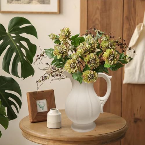 Large Rustic Ceramic Vase for Home Decor, Antique Textured Wide Mouth Farmhouse Clay Jug Pitcher Pottery Flower Vases with Handle for Aesthetic Gift… - size: 9''B