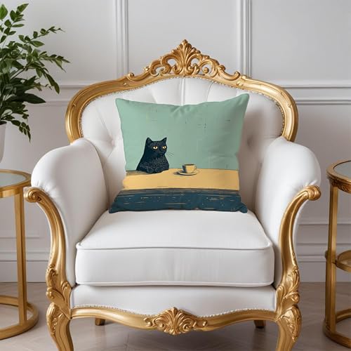 Black Cat Throw Pillow Covers 18x18, Aesthetic Black Cat Art Painting Decor Pillow Covers, Vintage Cats Drinking Coffee Decor for Room Bedroom - color: Style01