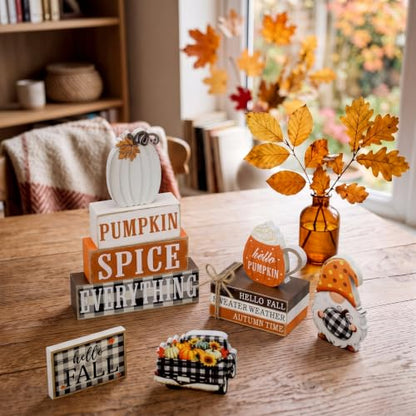 11 Pcs Fall Wooden Table Decorations Pumpkin Tiered Tray Decor - style: Hello Fall