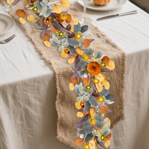 Fall Garland with Lights, 6FT Fall Leaves Garlands, Artificial Eucalyptus Garland with Pumpkins Berries for Home Mantle Fireplace Decor Thanksgiving Christmas Party Autumn Decoration (6FT)