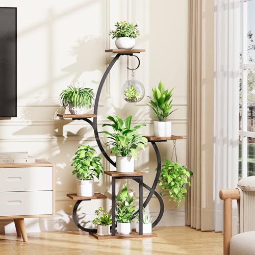 Metal Curved Shaped 6 Tier Corner Plant Stand with Grow Lights, 47"