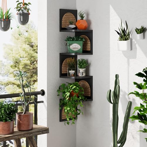 4-Tier Corner Shelves - Zig Zag Rattan Wall Shelf, Black Corner Shelf Wall Mounted, Floating Shelves for Bedroom, Bathroom & Living Room - color: (3) Rattan Black Corner Shelves