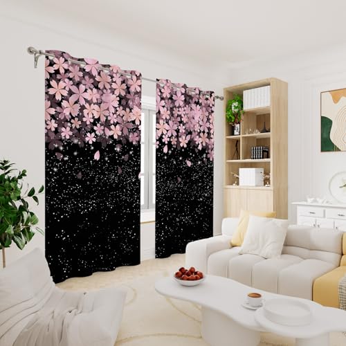 Pink Cherry Blossom Blackout Curtains for Bedroom 2 Panels 45" L x 29" W - color: Black & Pink, size: 29"W x 45"L (Pack of 2)