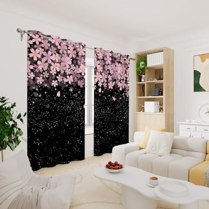 Pink Cherry Blossom Blackout Curtains for Bedroom 2 Panels 45" L x 29" W - color: Black & Pink, size: 29"W x 45"L (Pack of 2)