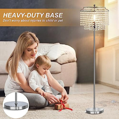 Luvkczc Crystal Floor Lamp, 64" Tall Modern Standing Lamps with Double-Layer Lampshade, On-Off Foot Switch, Silver Finish Pole Lamp for Living Room, Bedroom, Office, 8W Bulb Included - color: Silver