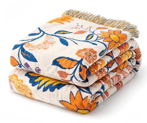 100% Cotton Boho Throw Blanket for Home Decor – Classic Farmhouse Quilt Bedding, Muslin Blankets for Adults, Vintage Woven Decorative Blanket for Couch, Bed Layering Use, Botanic Floral, 90"x90" - color: 1 - Botanic Floral, size: Queen(90 x 90 Inch)