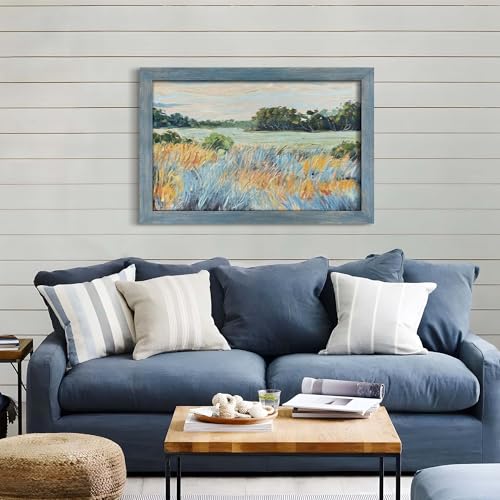 summer melody Abstract Landscape Natural Wood Framed Wall Art 36x24 Inch - color: Teal, size: 36"L x 24"W