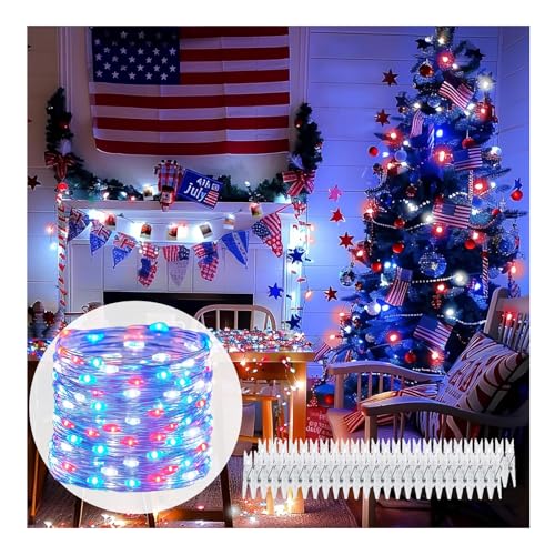 4th of July Lights Red-White-Blue Decorations - 100 LED 50 Photo Clips String Lights Holder 33FT Starry Fairy Lights Hanging Pictures Cards Memos USB Powered&Switch Bedroom Dorm Christmas Decor Tree - color: Red White Blue