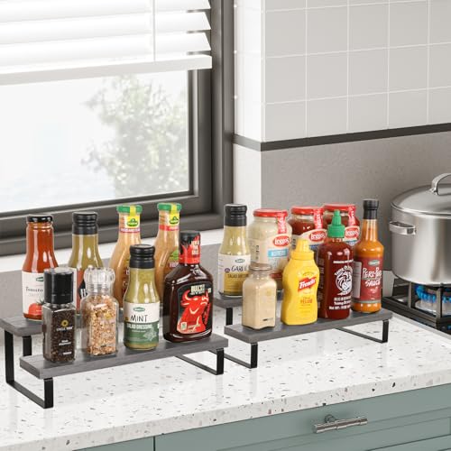 YINMIT Wooden Display Riser Stand, Tiered Perfume and Cologne Organizer Stand, 2 Tier Spice Rack Organizer, Rustic Display Shelf for Candles (2 Tier,2Pack,Grey) - color: 2 Tier,2 Pack,Grey