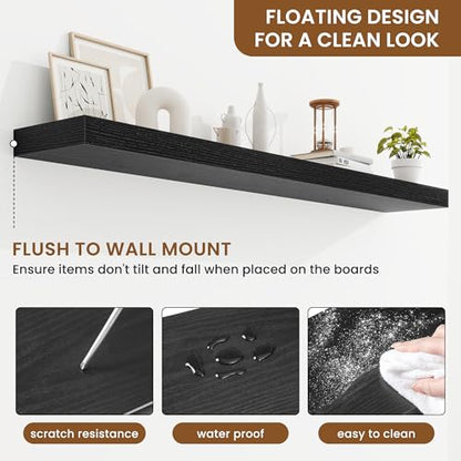 Floating Shelves for Wall, Wall Mounted Wood Shelves, Black, Set of 2, 55in - color: Black, size: 55"W x 6.5"D , 2 Pack