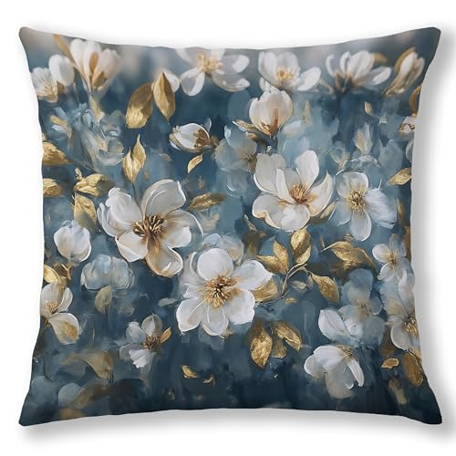 Vintage White Magnolia Floral Pillow Covers 18x18, Cottagecore Home Room Decor, Elegant Blue and Gold Flower Decorative Throw Pillow Covers Pillowcases for Living Room Home Bedroom - color: Blue 1, size: 18" x 18" (Pack of 1)
