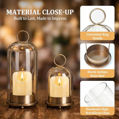 Brass Hurricane Handmade Sturdy Glass Dome Candle Holders with Glass Cover