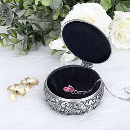 Hipiwe Metal Jewelry Box Vintage Ring Holder Small Round Trinket Organizer - style: Round,Silver