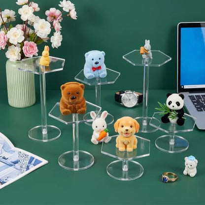 FINGERINSPIRE 6 Pcs Hexagon Acrylic Display Stands 3 Height Clear Acrylic Round Base Stands for Miniatures Collectibles Showcase Stackable Transparent Pedestal Display Platforms for Tabletop Display