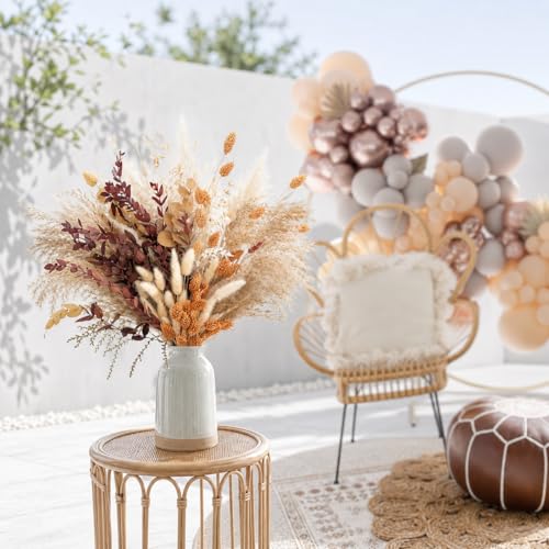 Orange Pampas Grass Dried Flower Bouquet (95 Pcs, 17") - Fluffy Boho Fall Decorations for Home, Autumn Floral Table Centerpiece for Thanksgiving & Room Decor