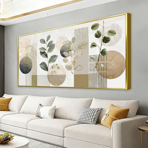 TAIJXAGSG Large Green Botanical Boho Wall Art For Living Room 29x58 In Gold Framed Wall Art Modern Sage Bohemian Canvas Art Wall Decor Natural Abstract Geometry Lines Prints Picture - color: green white, size: 58.2"L x 29.2"W