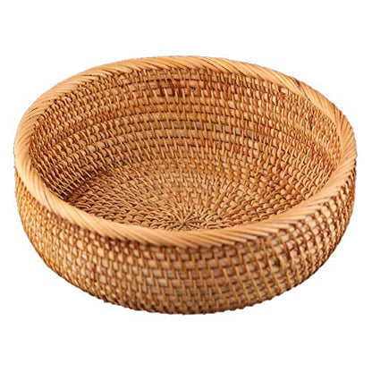 Hadewoven Round Rattan Fruit Basket Wicker Food Tray Weaving Storage Holder Dinning Room Bowl, 9 Inch Woven Bread Basket Key Bowls with 3.5”Wall for Table, Countertop (Medium 8.66") - size: Medium 8.66"