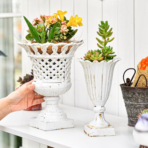 Sungmor Cast Iron White Urn Planter - 10 Inches Hollow Trophy-Shaped Design - color: Antique White - Urn
