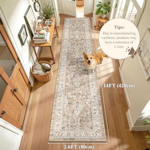 LOKHOM 2.6x14 Long Hallway Runnner Rug, Non-Slip Washable Rugs, Beige - color: Beige Brown, size: 2.5' x 14' (Runner)