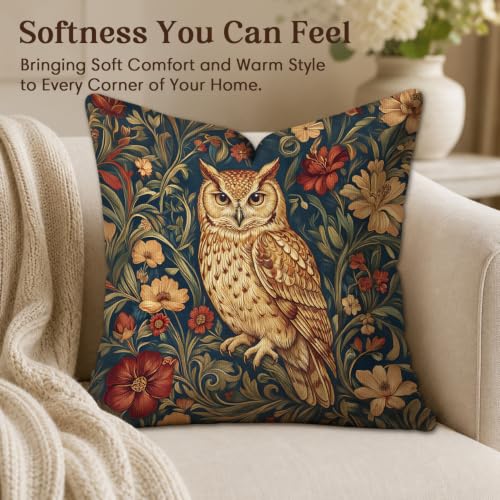 Vintage Owl Flower Whimsical Throw Pillow Cover,Retro Decorative Pillowcase - color: Dark Green-owl