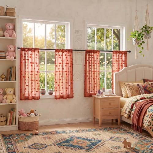 MYSKY HOME Terracotta Boho Sheer Curtains with Pom Pom 36Wx54L,2 Panels - color: Terracotta, size: 36"W x 54"L (Pack of 2)