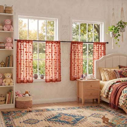 MYSKY HOME Terracotta Boho Sheer Curtains with Pom Pom 36Wx54L,2 Panels - color: Terracotta, size: 36"W x 54"L (Pack of 2)