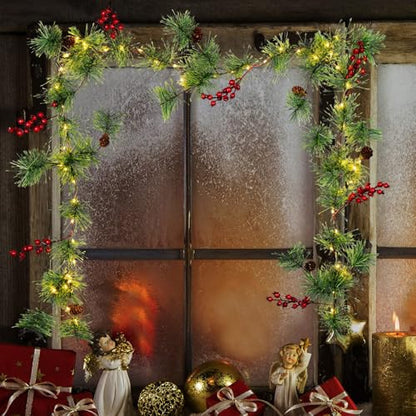 Christmas Garland with Lights, 6 FT Battery Operated Garland with 60 LED Lights, Timer, Lighted Garland with Berries Pine Cones for Mantle Stairs Railing Home Xmas Decoration Indoor