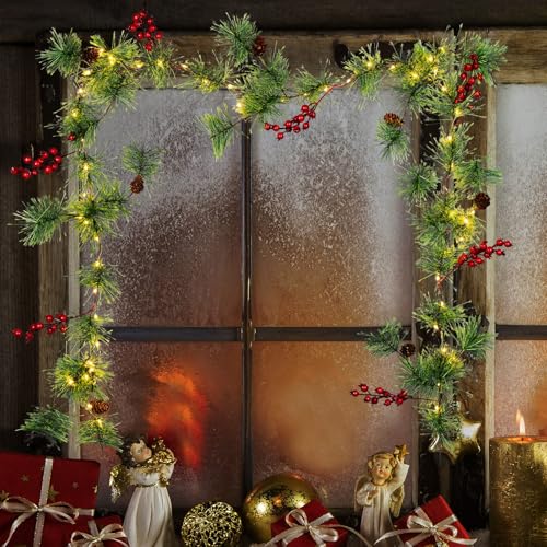 Christmas Garland with Lights, 6 FT Battery Operated Garland with 60 LED Lights, Timer, Lighted Garland with Berries Pine Cones for Mantle Stairs Railing Home Xmas Decoration Indoor
