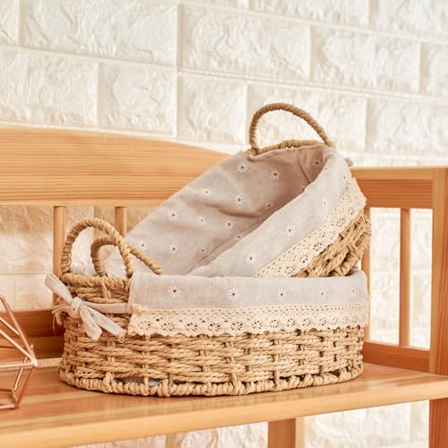 GIB Small Wicker Woven Storage Baskets for Organizing with Handle and Liner - color: Beige-Oval