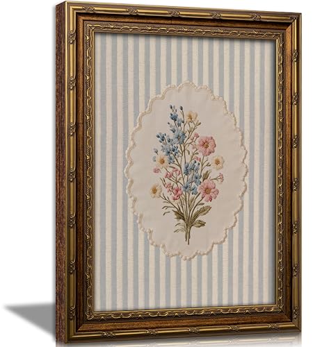 Vintage Gold Framed Floral Wall Art, Embroidered Style Bouquet Canvas Print - color: Linear Bouquet, size: 16"LX12"W