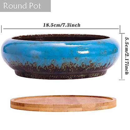 Succulent Pots, 1 Rectangle Planter + 1 Ceramic Bonsai Pots with Drain Tray - color: Blue