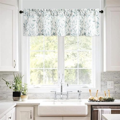 VOGOL Leaf Pattern Valance, Faux Linen Window Topper, 60x14, Blue - color: Blue, size: 60"W x 14"L (Pack of 1)
