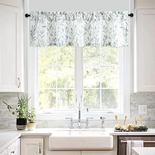 VOGOL Leaf Pattern Valance, Faux Linen Window Topper, 60x14, Blue - color: Blue, size: 60"W x 14"L (Pack of 1)
