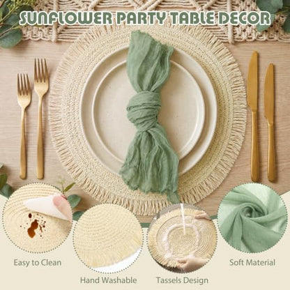 6 Sets Boho Woven Table Placemats Sage Green Cheesecloth Napkins - color: Sage Green
