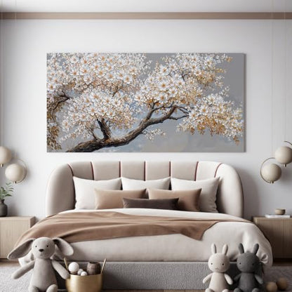 Modern Elegant White Flower Tree Of Life Wall Art For Living Room 24x48 In - color: HX5A, size: 48"L x 24"W