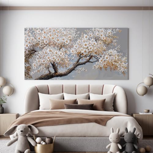 Modern Elegant White Flower Tree Of Life Wall Art For Living Room 24x48 In - color: HX5A, size: 48"L x 24"W