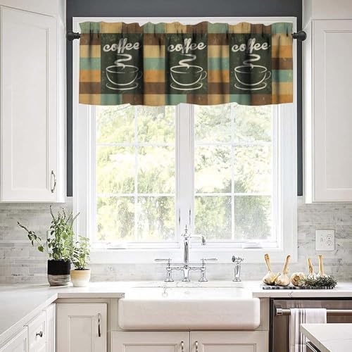 Retro Coffee Valances Curtains, Abstract Coffee Cups Teal Brown Background Rod Pocket Window Treatment Valance for Kitchen Dinning Room Living Room Bedroom Cafe, 54x18 Inch - color: Coffee-6, size: 53"W x 18"L (Pack of 1)